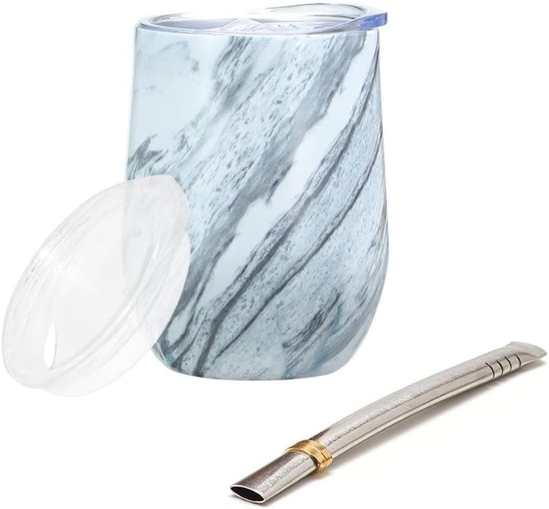Bukela Yerba Mate Cup, Mate Cup And Bombilla Set Yerba Mate Set Double Walled Stainless Steel Mate Tea Cup with Straw and a Cleaning Brush (grey and white) - Image 1